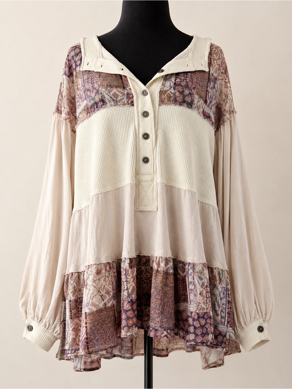 POL Mixed Media Boho Tunic Top Waffle Knit Balloon Sleeve Oversized S - Picture 2 of 8